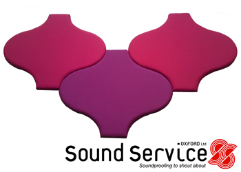 nest of three zellige tile shaped sound absorbers in two colours