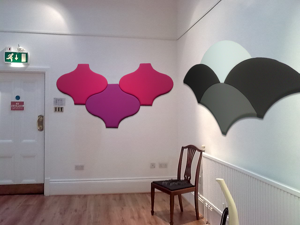 Emotive sound absorbers fitted as different designs to walls 