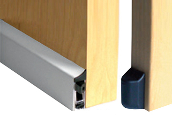 Screw on drop down door acoustic threshold seal with activating button on frame