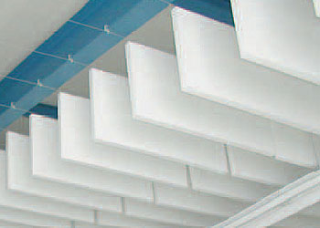 Bafflesorption panels hang on wires in large open spaces to reduce echo from below