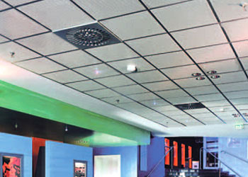 Squaresorption ceiling grid fitted noise reducing steel panels