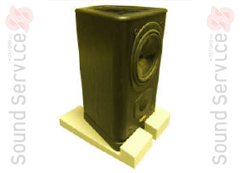 pair of anti-vibration speaker isolators beneath music speaker