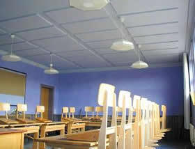 Echosorption Plus sound absorbing tiles on the ceiling of a classroom
